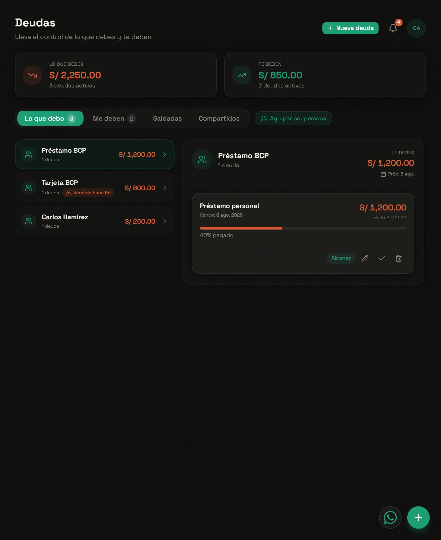 Pantalla de deudas mostrando lo que debes y lo que te deben, con avance de pago por deuda